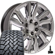 Set(4) 22x9 CV39 Gloss Hyper Black with Chrome Insert - 6x139.7 +28ET with 285/45r22 TBB TS-37 AT Tires &amp; TPMS