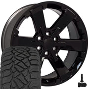 OE Wheels CV41B 22x9 6x139.7 Gloss Black Wheels 285-45-22 Sailun TerraMax RT Tires TPMS SET