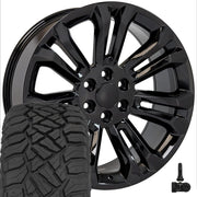 OE Wheels CV43B 22x9 6x139.7 Gloss Black Wheels 285-45-22 Sailun TerraMax RT Tires TPMS SET