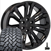 Set(4) 22x9 CV43B Gloss Black - 6x139.7 +24ET with 285/45r22 TBB TS-37 AT Tires &amp; TPMS
