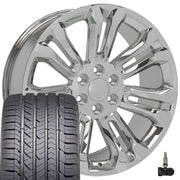 OE Wheels CV43 22x9 6x139.7 Chrome Wheels 285/45r22 Goodyear Eagle Sport Tires TPMS SET
