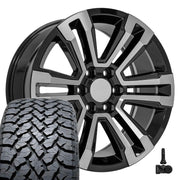 Set(4) 20x9 CV44 Gloss Black Machined - 6x139.7 +24ET with 275/55r20 TBB TS-37 AT Tires &amp; TPMS