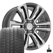 OE Wheels CV44 20x9 6x139.7 Gloss Gunmetal Machined Wheels 275-55-20 Goodyear Eagle LS2 Tires TPMS SET