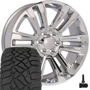 OE Wheels CV44 22x9 6x139.7 Chrome Wheels 285-45-22 Sailun TerraMax RT Tires TPMS SET