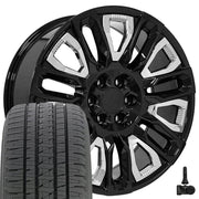 Set(4) 22x9 CV57 Gloss Black with Chrome Insert - 6x139.7 +28ET with 285/45r22 Bridgestone Dueler Alenza HL Tires &amp; TPMS