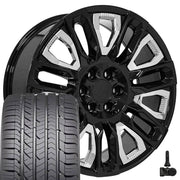 Set(4) 22x9 CV57 Gloss Black with Chrome Insert - 6x139.7 +28ET with 285/45r22 Goodyear Eagle Sport Tires &amp; TPMS