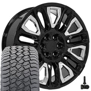 Set(4) 22x9 CV57 Gloss Black with Chrome Insert - 6x139.7 +28ET with 285/45r22 Sailun TerraMax AT2 Tires &amp; TPMS