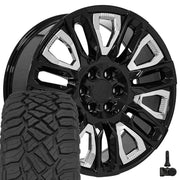 Set(4) 22x9 CV57 Gloss Black with Chrome Insert - 6x139.7 +28ET with 285/45r22 Sailun TerraMax RT Tires &amp; TPMS