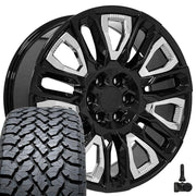 Set(4) 22x9 CV57 Gloss Black with Chrome Insert - 6x139.7 +28ET with 285/45r22 TBB TS-37 AT Tires &amp; TPMS