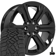 Set(4) 22x9 CV60 Gloss Black - 6x139.7 +24ET with 285/45r22 Sailun TerraMax RT Tires &amp; TPMS