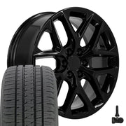 22" Replica Wheels fit Chevrolet Silverado 1500 - CV62 Gloss Black 22x9, Bridgestone Tires &amp; TPMS Set