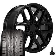 22" Replica Wheels fit Chevrolet Silverado 1500 - CV62 Gloss Black 22x9, Goodyear Tires &amp; TPMS Set