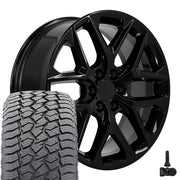 22" Replica Wheels fit Chevrolet Silverado 1500 - CV62 Gloss Black 22x9, Sailun Tires &amp; TPMS Set