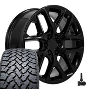 Set(4) 22x9 CV62 Gloss Black - 6x139.7 +28ET with 285/45r22 TBB TS-37 AT Tires &amp; TPMS