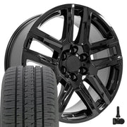 22" Replica Wheels fit Chevrolet Silverado 1500 - CV63 Gloss Black 22x9, Bridgestone Tires &amp; TPMS Set
