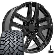 Set(4) 22x9 CV63 Gloss Black - 6x139.7 +28ET with 285/45r22 TBB TS-37 AT Tires &amp; TPMS