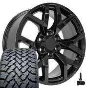 OE Wheels CV66 22x9 6x139.7 Gloss Black Wheels 285/45r22 TBB TS-37 AT Tires TPMS SET