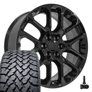 OE Wheels CV67 22x9 6x139.7 Gloss Black Wheels 285/45r22 TBB TS-37 AT Tires TPMS SET