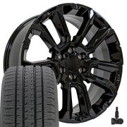 OE Wheels CV68 22x9 6x139.7 Gloss Black Wheels 285-45-22 Bridgestone Dueler Alenza HL Tires TPMS SET