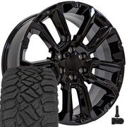 OE Wheels CV68 22x9 6x139.7 Gloss Black Wheels 285-45-22 Sailun TerraMax RT Tires TPMS SET