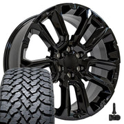 Set(4) 22x9 CV68 Gloss Black - 6x139.7 +28ET with 285/45r22 TBB TS-37 AT Tires &amp; TPMS