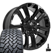 Set(4) 22x9 CV68 Satin Black - 6x139.7 +28ET with 285/45r22 TBB TS-37 AT Tires &amp; TPMS