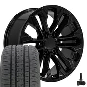 20" Replica Wheels fit Chevrolet Silverado 1500 - CV69 Gloss Black 20x9, Bridgestone Tires &amp; TPMS Set