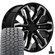 20" Replica Wheels fit Chevrolet Silverado 1500 - CV69 Gloss Black Machined 20x9, Sailun Tires &amp; TPMS Set