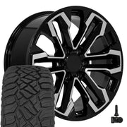 Set(4) 20x9 CV69 Gloss Black Machined - 6x139.7 +26ET with 275/55r20 Sailun TerraMax RT Tires &amp; TPMS