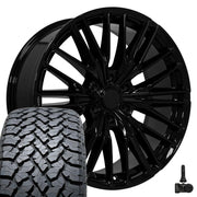 Set(4) 22x9 CV72 Gloss Black - 6x139.7 +18ET with 285/45r22 TBB TS-37 AT Tires &amp; TPMS