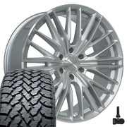 Set(4) 22x9 CV72 Gloss Silver Machined - 6x139.7 +18ET with 285/45r22 TBB TS-37 AT Tires &amp; TPMS