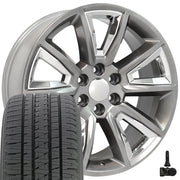 22" Replica Wheels fit Chevrolet Tahoe - CV73B Gloss Hyper Black with Chrome Insert 22x9, Bridgestone Tires &amp; TPMS Set