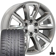 22" Replica Wheels fit Chevrolet Tahoe - CV73B Gloss Hyper Black with Chrome Insert 22x9, Goodyear Tires &amp; TPMS Set