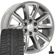22" Replica Wheels fit Chevrolet Tahoe - CV73B Gloss Hyper Black with Chrome Insert 22x9, Ironman Tires &amp; TPMS Set