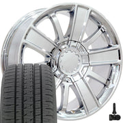 20" Replica Wheels fit Chevrolet Silverado 1500 - CV77 Chrome 20x9, Bridgestone Tires &amp; TPMS Set