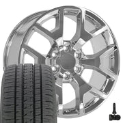 22" Replica Wheels fit GMC Sierra 1500 - CV92 Chrome 22x9, Bridgestone Tires &amp; TPMS Set