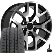 22" Replica Wheels fit GMC Sierra 1500 - CV92 Gloss Black Machined 22x9, Bridgestone Tires &amp; TPMS Set