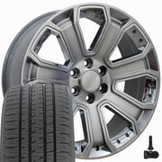 20" Replica Wheels fit Chevrolet Silverado 1500 - CV93 Gloss Hyper Black with Chrome Insert 20x8.5, Bridgestone Tires &amp; TPMS Set