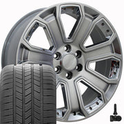 20" Replica Wheels fit Chevrolet Silverado 1500 - CV93 Gloss Hyper Black with Chrome Insert 20x8.5, Goodyear Tires &amp; TPMS Set