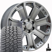 20" Replica Wheels fit Chevrolet Silverado 1500 - CV93 Gloss Hyper Black with Chrome Insert 20x8.5, Sailun Tires &amp; TPMS Set
