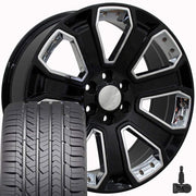 OE Wheels CV93 22x9 6x139.7 Gloss Black with Chrome Insert Wheels 285-45-22 Goodyear Eagle Sport Tires TPMS SET