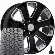 Set(4) 22x9 CV93B Gloss Black with Chrome Insert - 6x139.7 +24ET with 285/45r22 Sailun TerraMax AT2 Tires &amp; TPMS