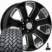 Set(4) 22x9 CV93B Gloss Black with Chrome Insert - 6x139.7 +24ET with 285/45r22 TBB TS-37 AT Tires &amp; TPMS