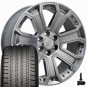 Set(4) 22x9 CV93B Gloss Hyper Black with Chrome Insert - 6x139.7 +31ET with 285/45r22 Goodyear Eagle Touring Tires &amp; TPMS