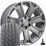 Set(4) 22x9 CV93B Gloss Hyper Black with Chrome Insert - 6x139.7 +31ET with 285/45r22 Sailun TerraMax AT2 Tires &amp; TPMS
