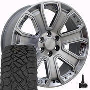 OE Wheels CV93B 22x9 6x139.7 Gloss Hyper Black with Chrome Insert Wheels 285-45-22 Sailun TerraMax RT Tires TPMS SET