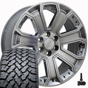 OE Wheels CV93B 22x9 6x139.7 Gloss Hyper Black with Chrome Insert Wheels 285/45r22 TBB TS-37 AT Tires TPMS SET
