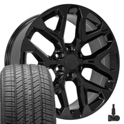 OE Wheels CV98 22x9 6x139.7 Gloss Black Wheels 275-50-22 Bridgestone Alenza A/S 02 Tires TPMS SET