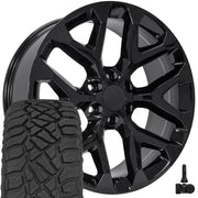 OE Wheels CV98B 22x9 6x139.7 Gloss Black Wheels 285-45-22 Sailun TerraMax RT Tires TPMS SET