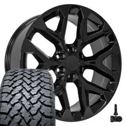 Set(4) 22x9 CV98 Gloss Black - 6x139.7 +24ET with 285/45r22 TBB TS-37 AT Tires &amp; TPMS